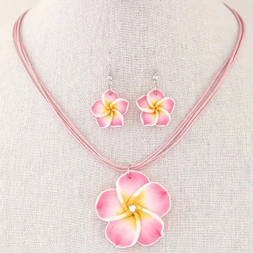 Tropical Pink Plumeria Flower Necklace & Earring Set